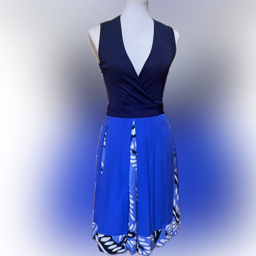 Blue and Black Sleeveless Silk DVF Wrap Dress